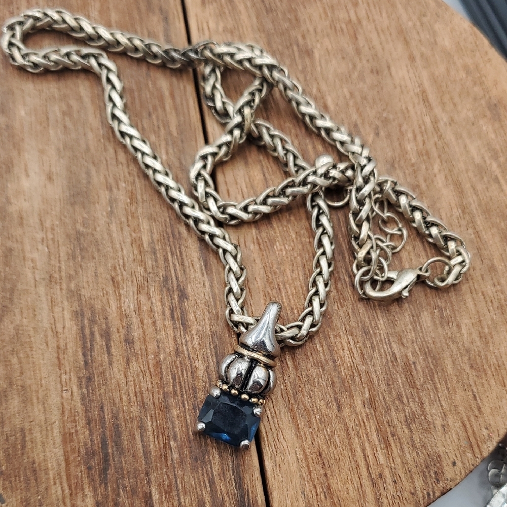 Elegant Silver Tone Braided Necklace with Blue Gem Pendant‎ 22 Inch N3817